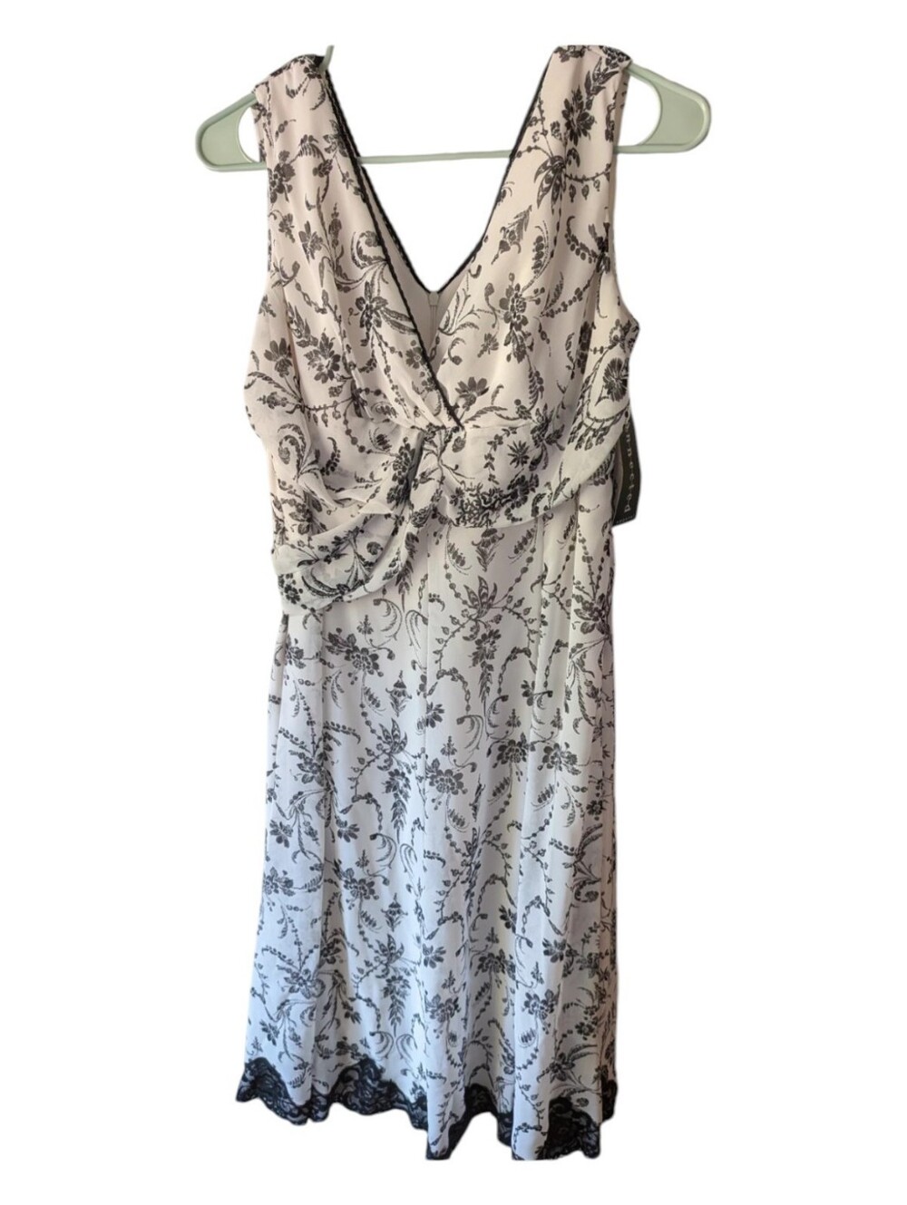NWT Connected Apparel Black White Floral Damask Lace Trim Twist Midi Dress 12